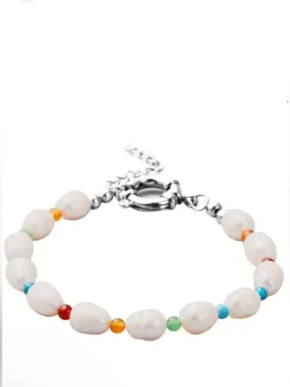 Freshwater White Cultured Pearl and Multi Gemstone Anklet in Stainless Steel